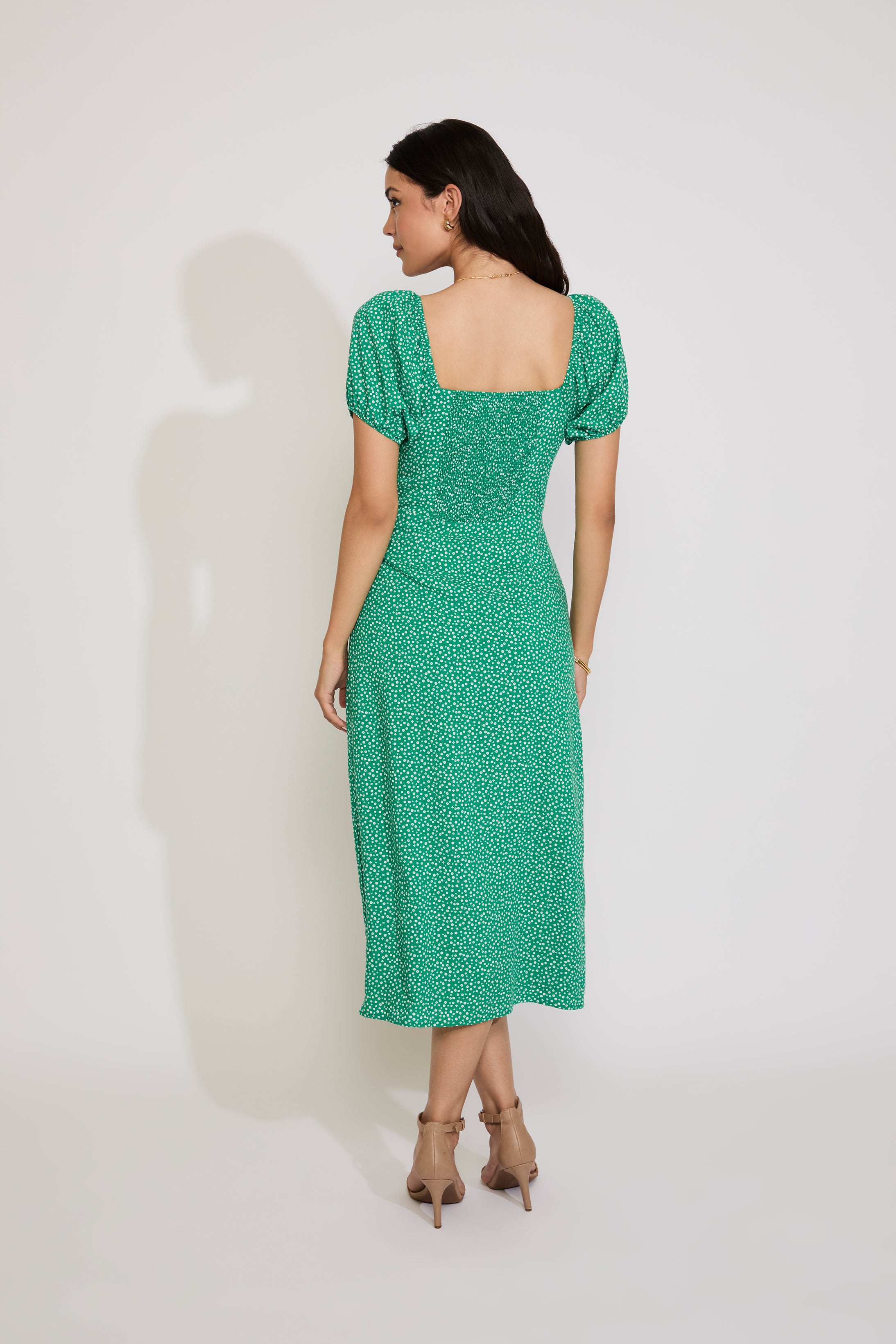 FLORAL PUFF SLEEVE PLEATED DETAIL MIDI DRESS
