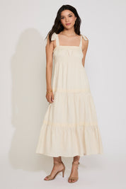 LINEN TIERED MAXI DRESS WITH LACE TRIM