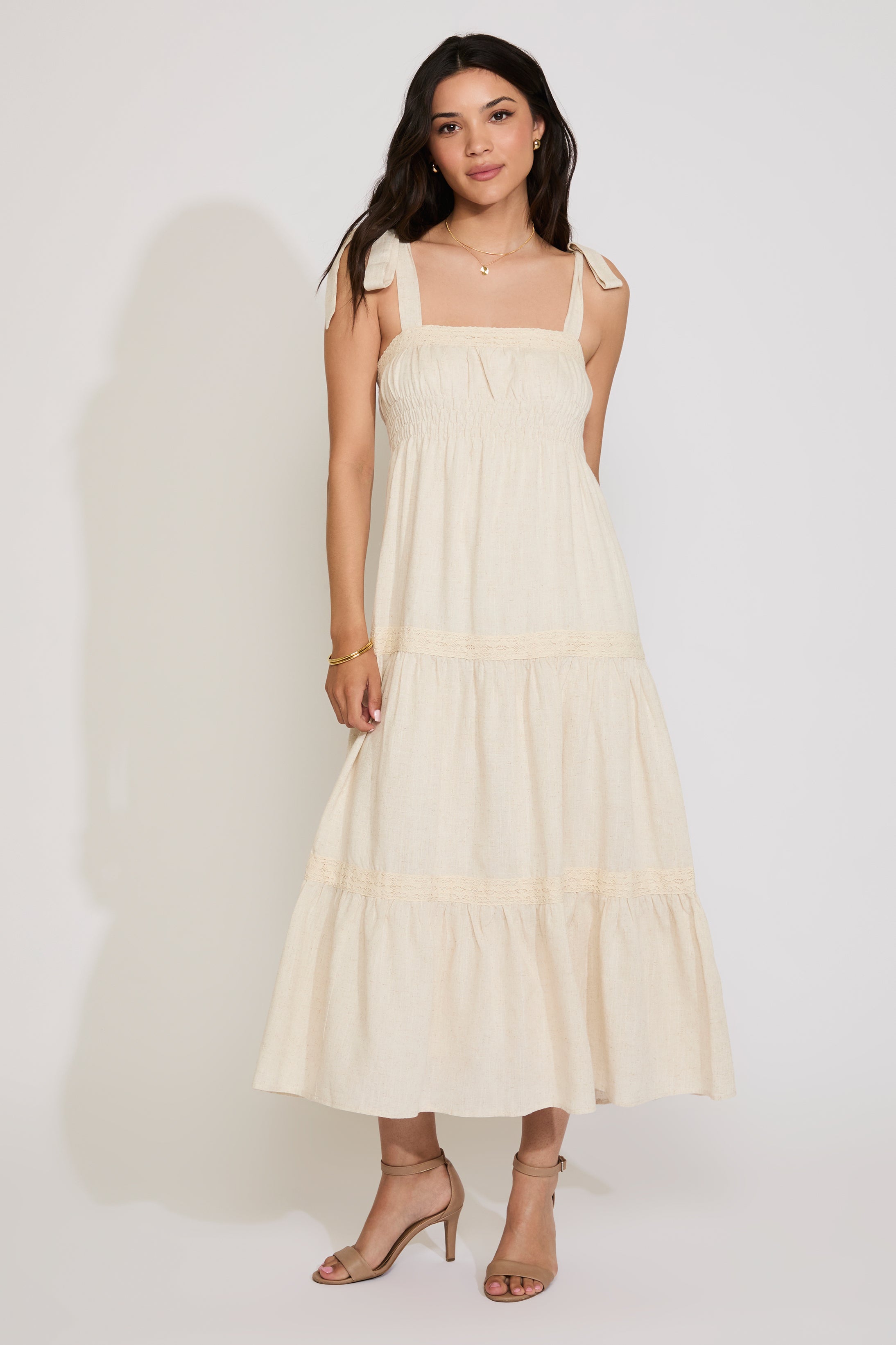 LINEN TIERED MAXI DRESS WITH LACE TRIM