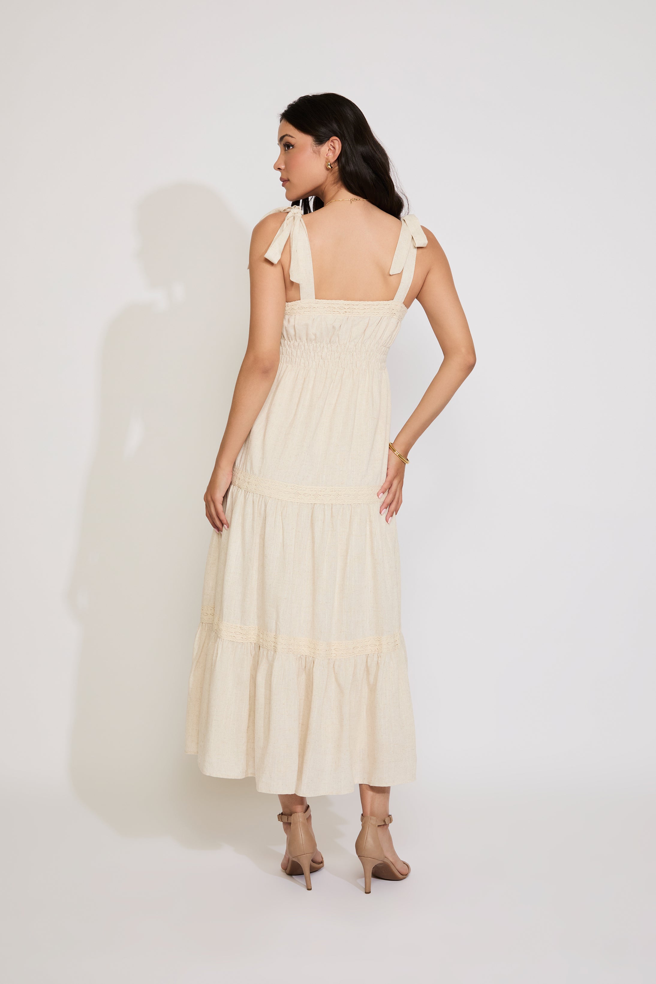 LINEN TIERED MAXI DRESS WITH LACE TRIM