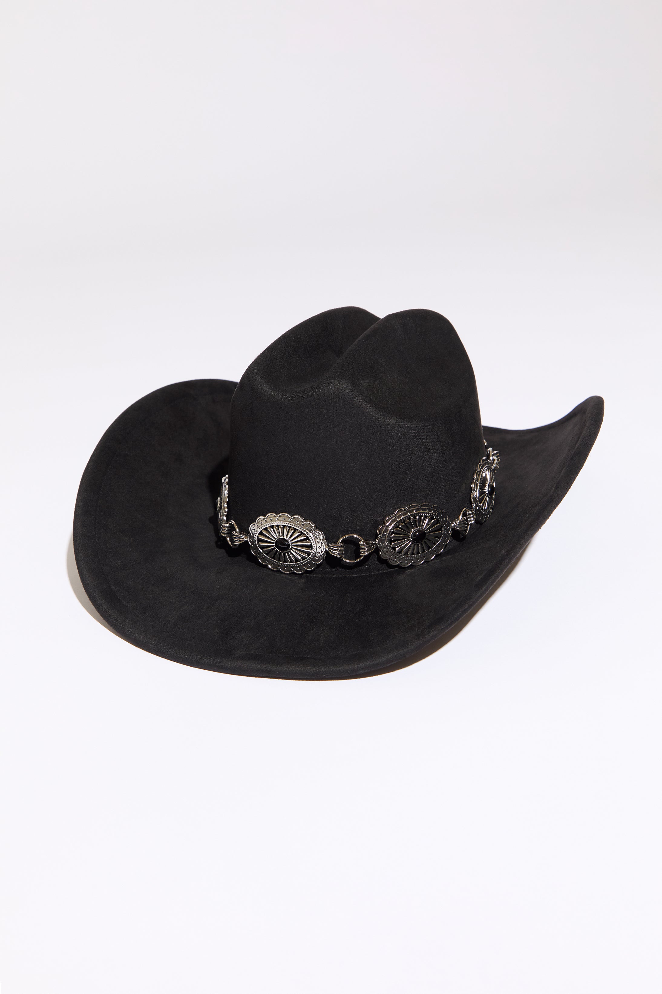 Black cowboy hat with stone accent concho beaded silver  chain on a white background. 
