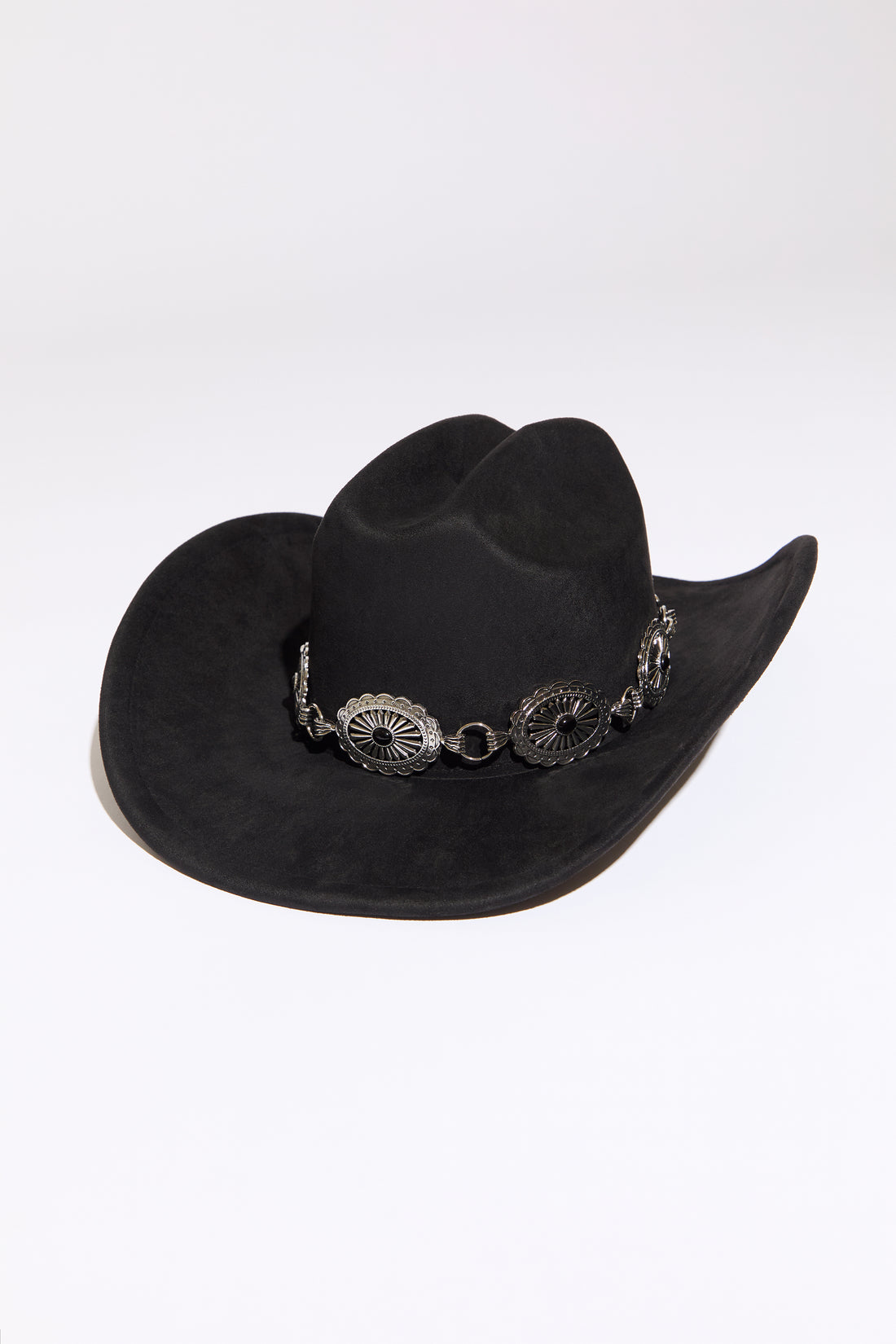 Black cowboy hat with stone accent concho beaded silver  chain on a white background. 
