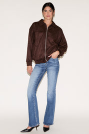 VEGAN SUEDE ZIP UP BOMBER JACKET WITH POCKETS
