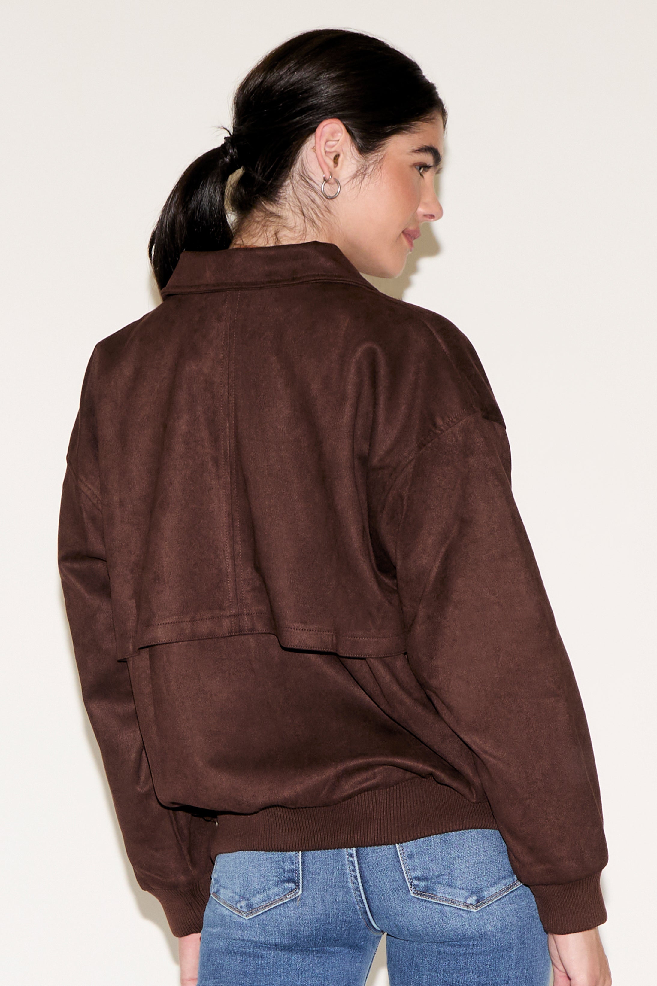 VEGAN SUEDE ZIP UP BOMBER JACKET WITH POCKETS