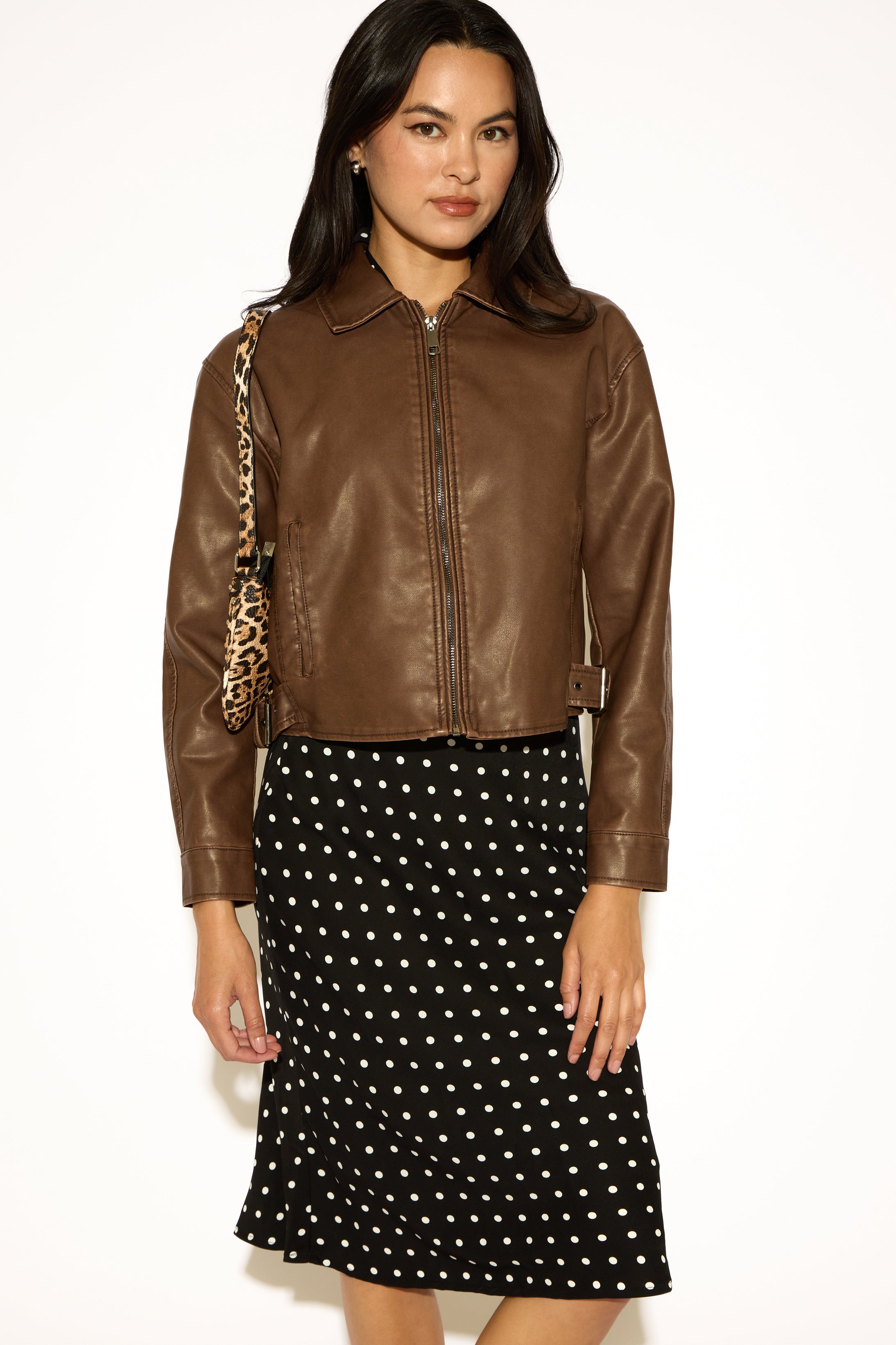 FADED VEGAN LEATHER COAT WITH BELTED SIDES