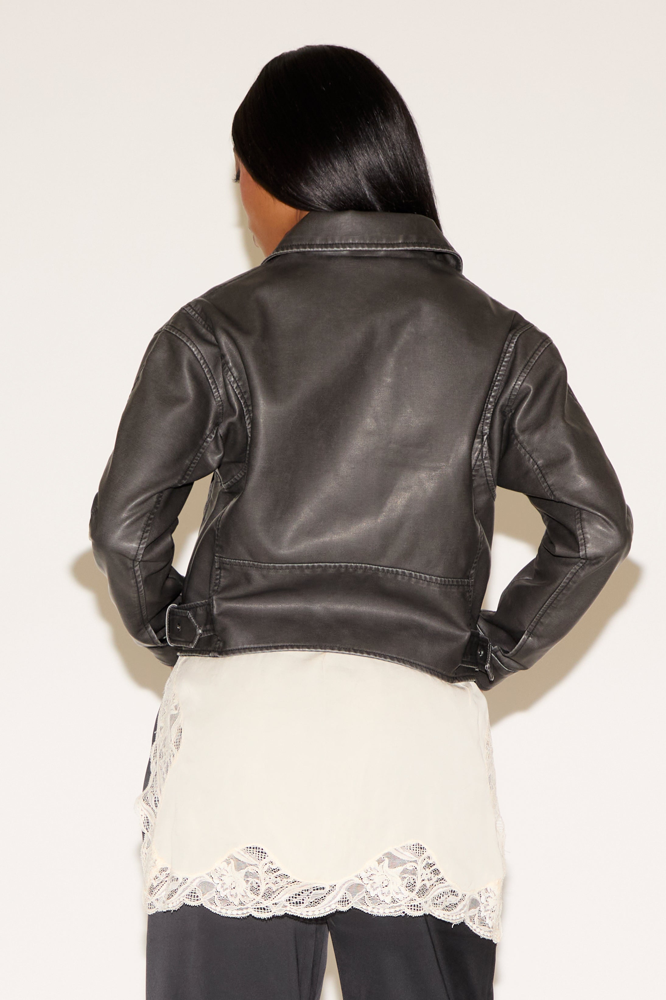 FADED VEGAN LEATHER COAT WITH BELTED SIDES