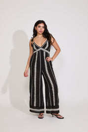 V NECK SLEEVELESS WIDE LEG EMBROIDERED JUMPSUIT