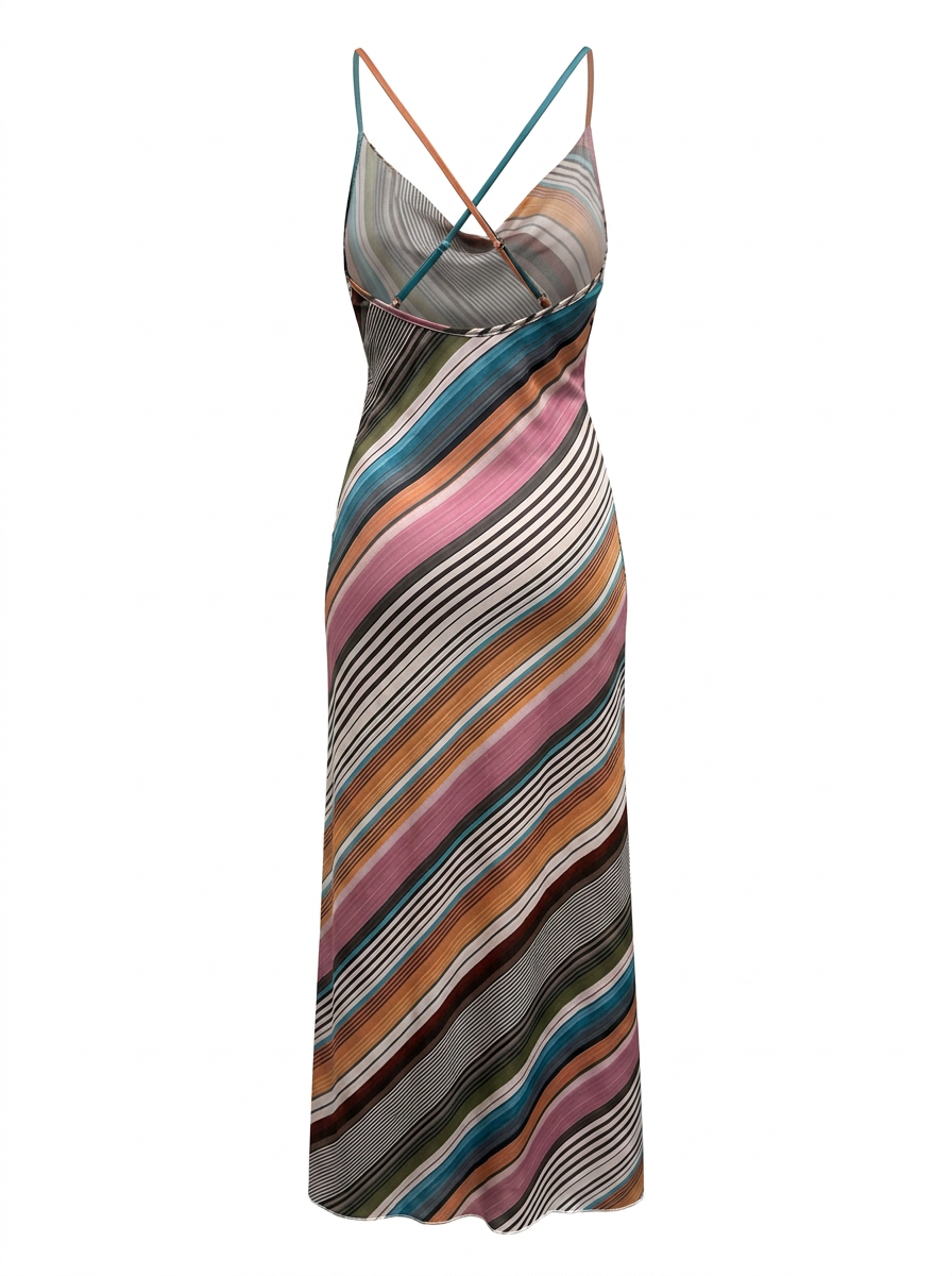 Ghost cut image of a multi color CROSS BACK STRIPE PRINT COWL NECK MAXI DRESS on a white background.