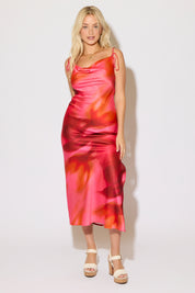 TIE STRAP COWL NECK PRINTED SATIN MAXI DRESS