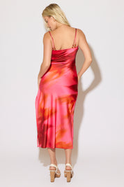 TIE STRAP COWL NECK PRINTED SATIN MAXI DRESS