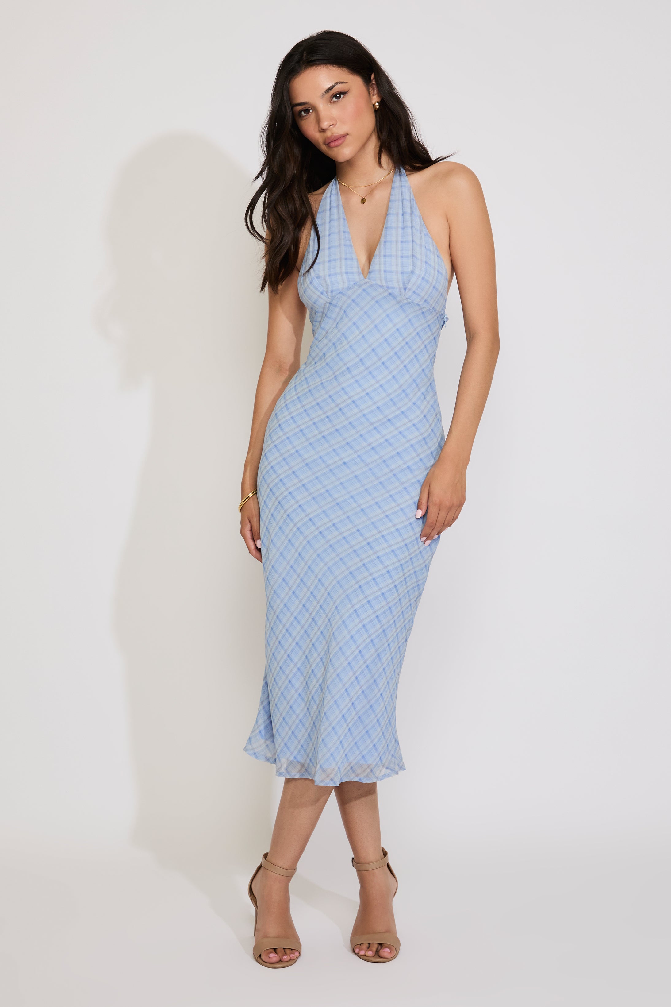PLAID PRINT HALTER TIE BACK MAXI DRESS