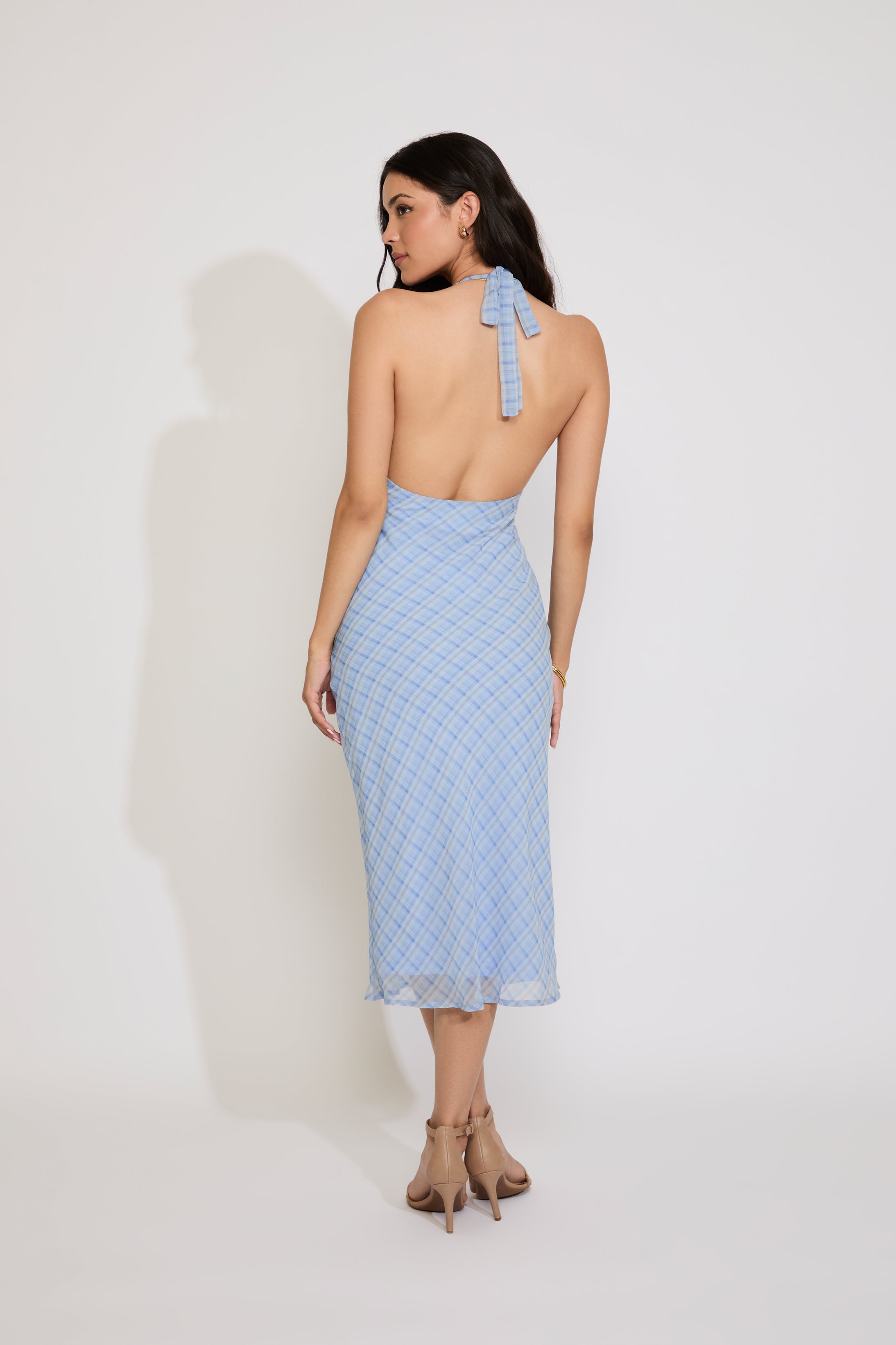 PLAID PRINT HALTER TIE BACK MAXI DRESS