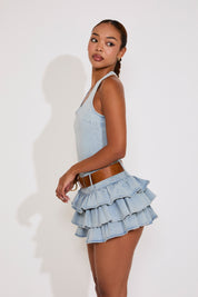 TIERED EYELET HALTER MINI DRESS