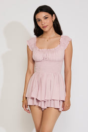 SMOCKED DOTTED FABRIC RUCHED FLOWY ROMPER