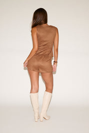 HIGH NECK BUTTON UP SUEDE VEST & SHORT SET