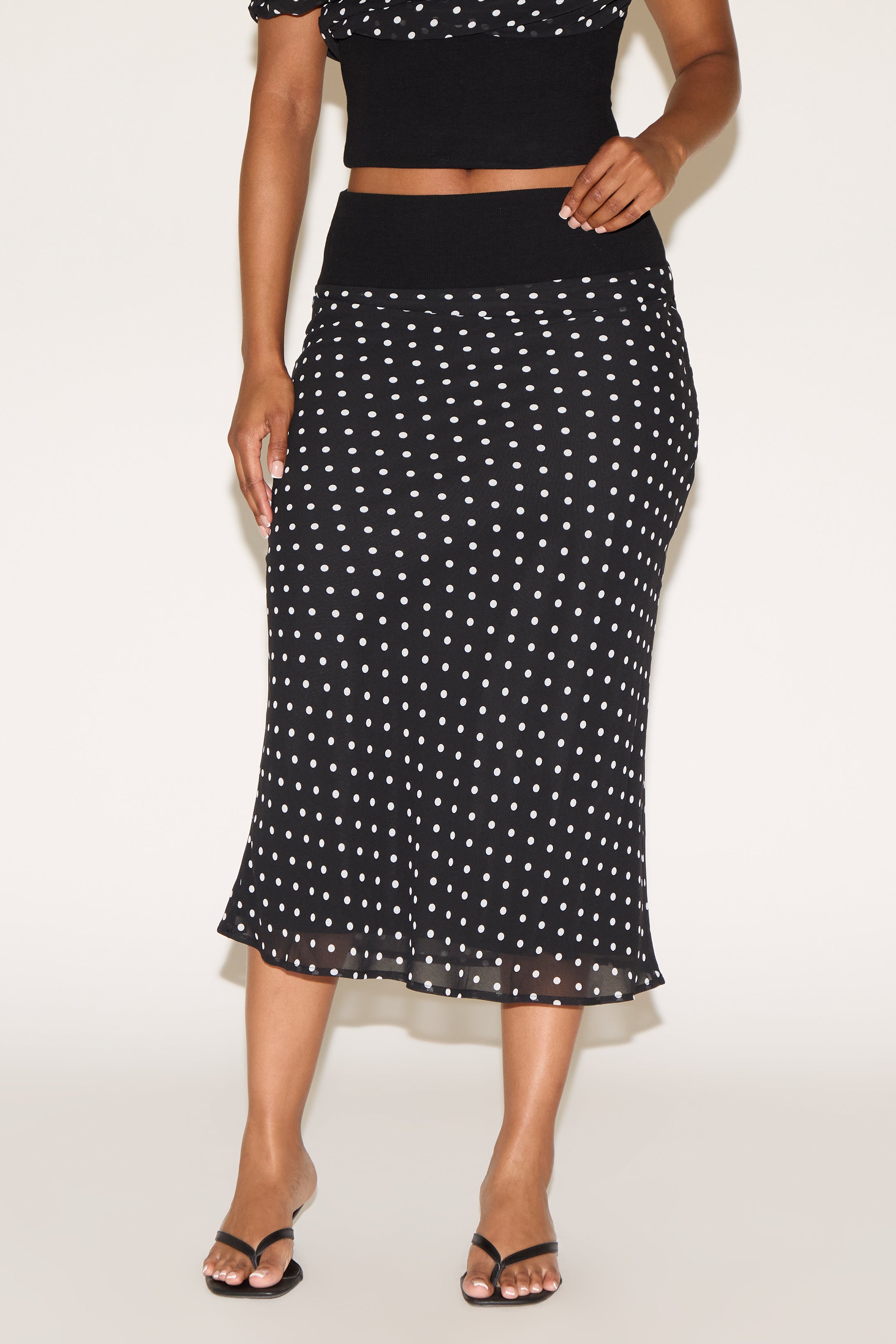 POLKA DOT OVERLAY RIB WAIST MIDI SKIRT