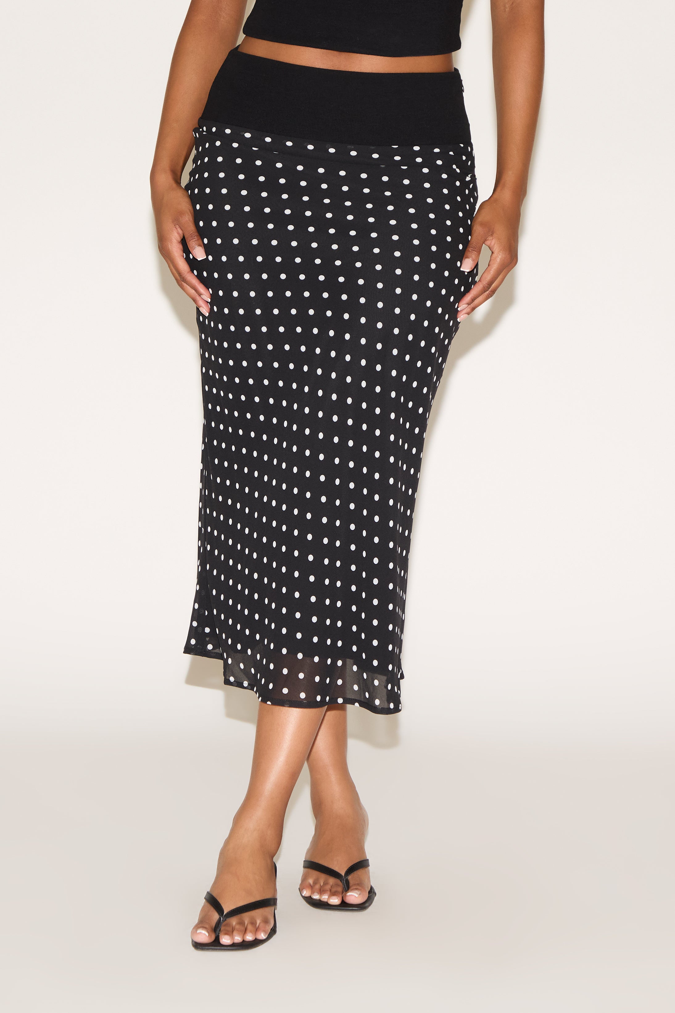 POLKA DOT OVERLAY RIB WAIST MIDI SKIRT