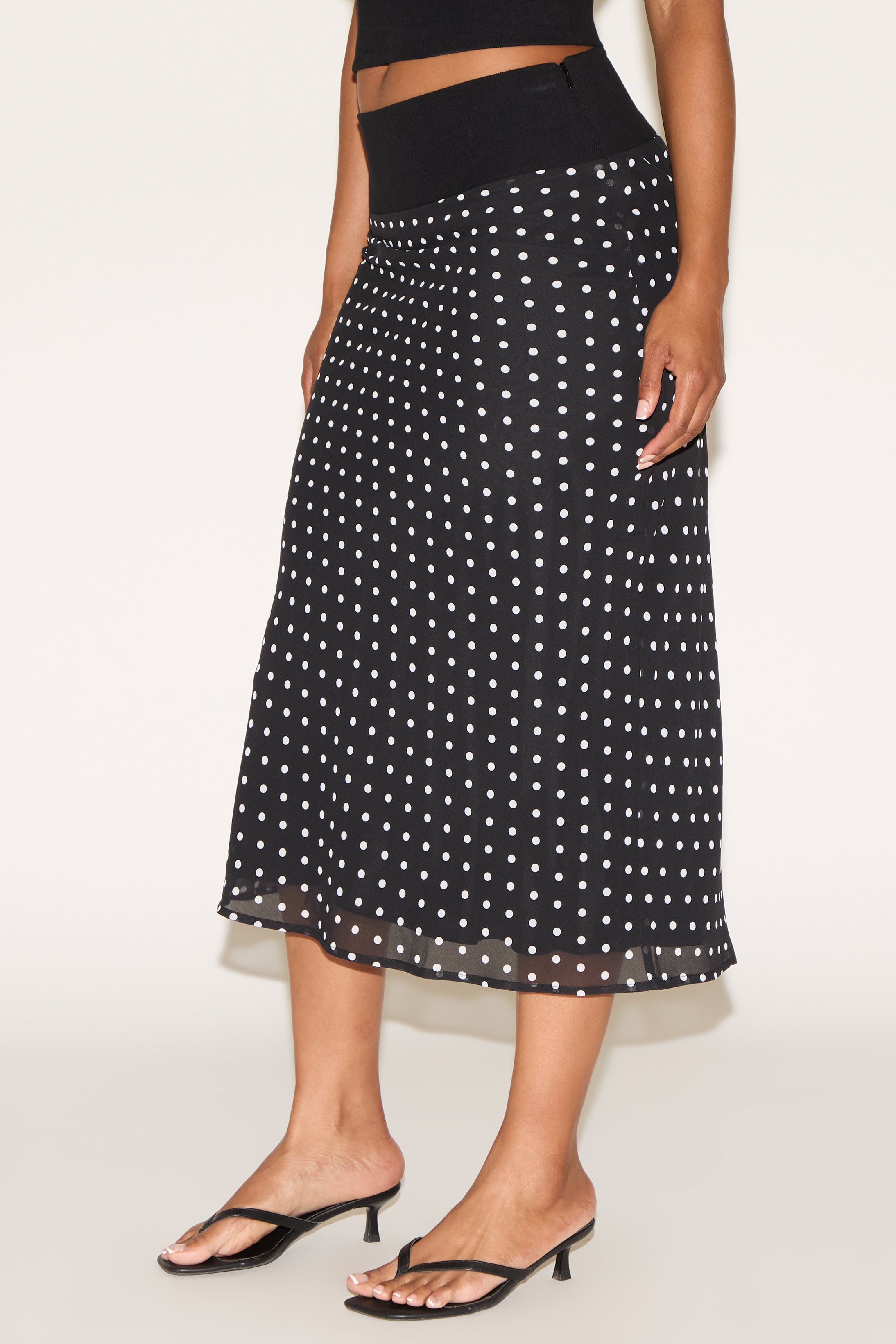 POLKA DOT OVERLAY RIB WAIST MIDI SKIRT