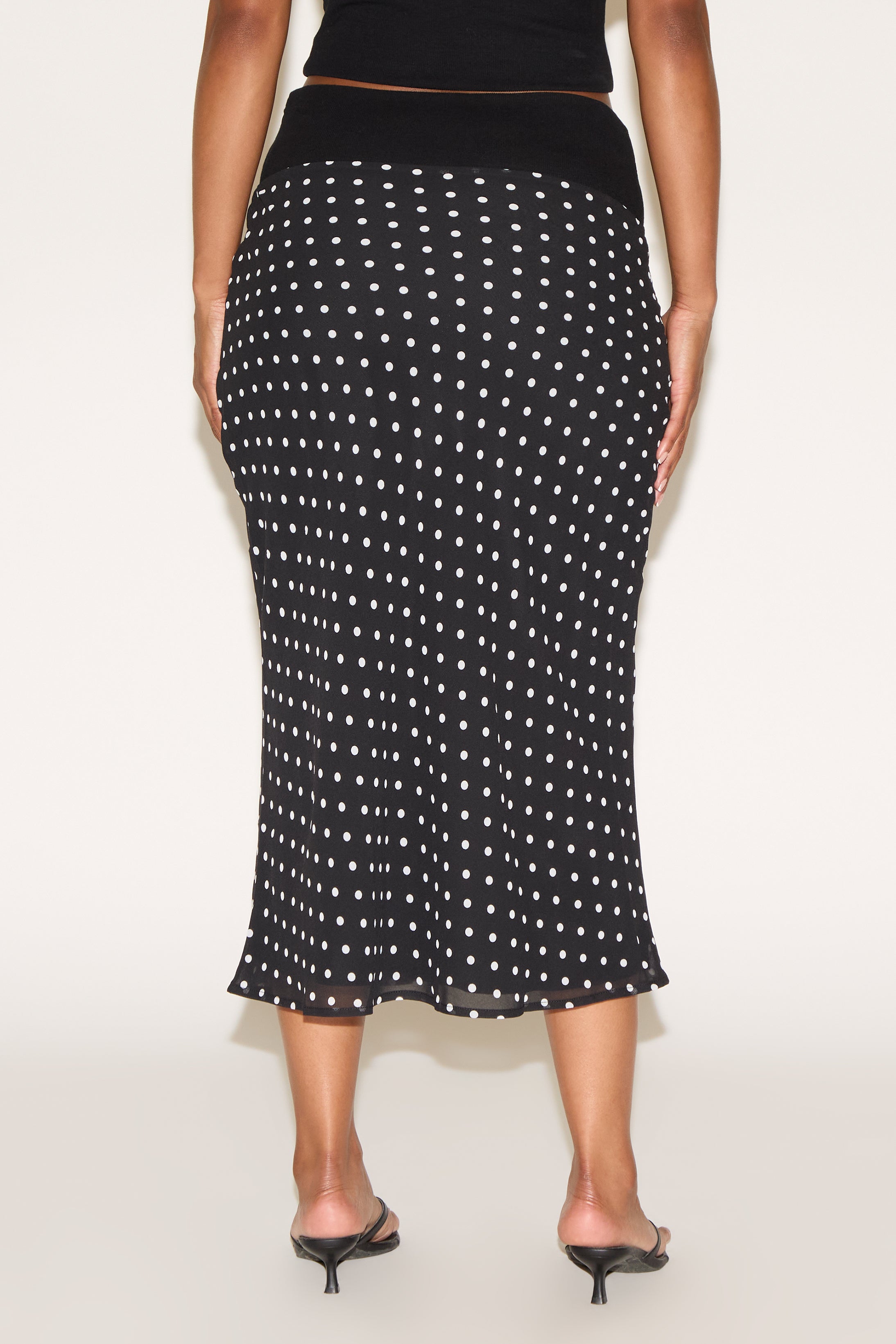 POLKA DOT OVERLAY RIB WAIST MIDI SKIRT