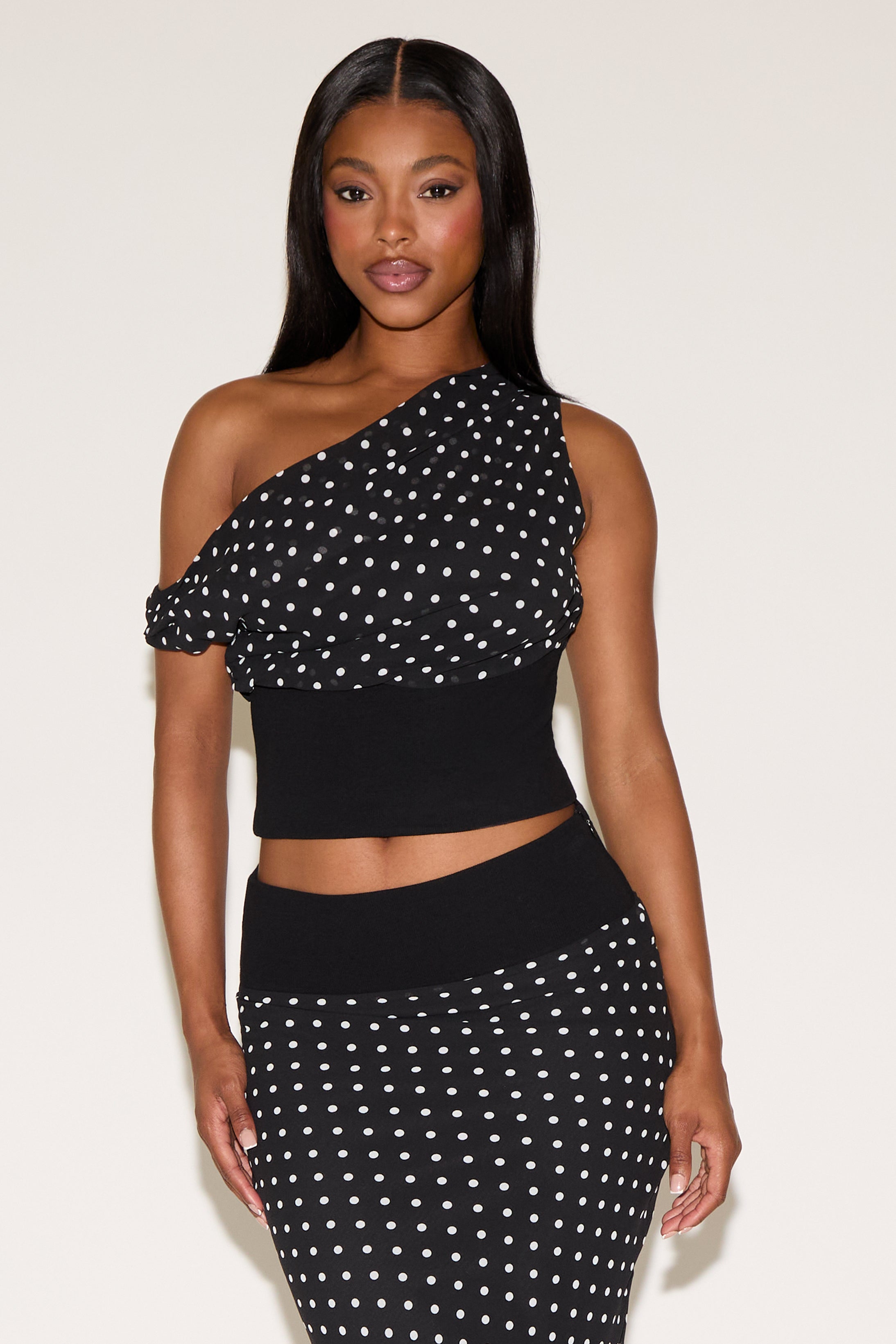 COWL NECK POLKA DOT RIB FINISH SLEEVELESS TOP