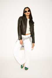 WASH EFFECT VEGAN LEATHER ZIP UP JACKET