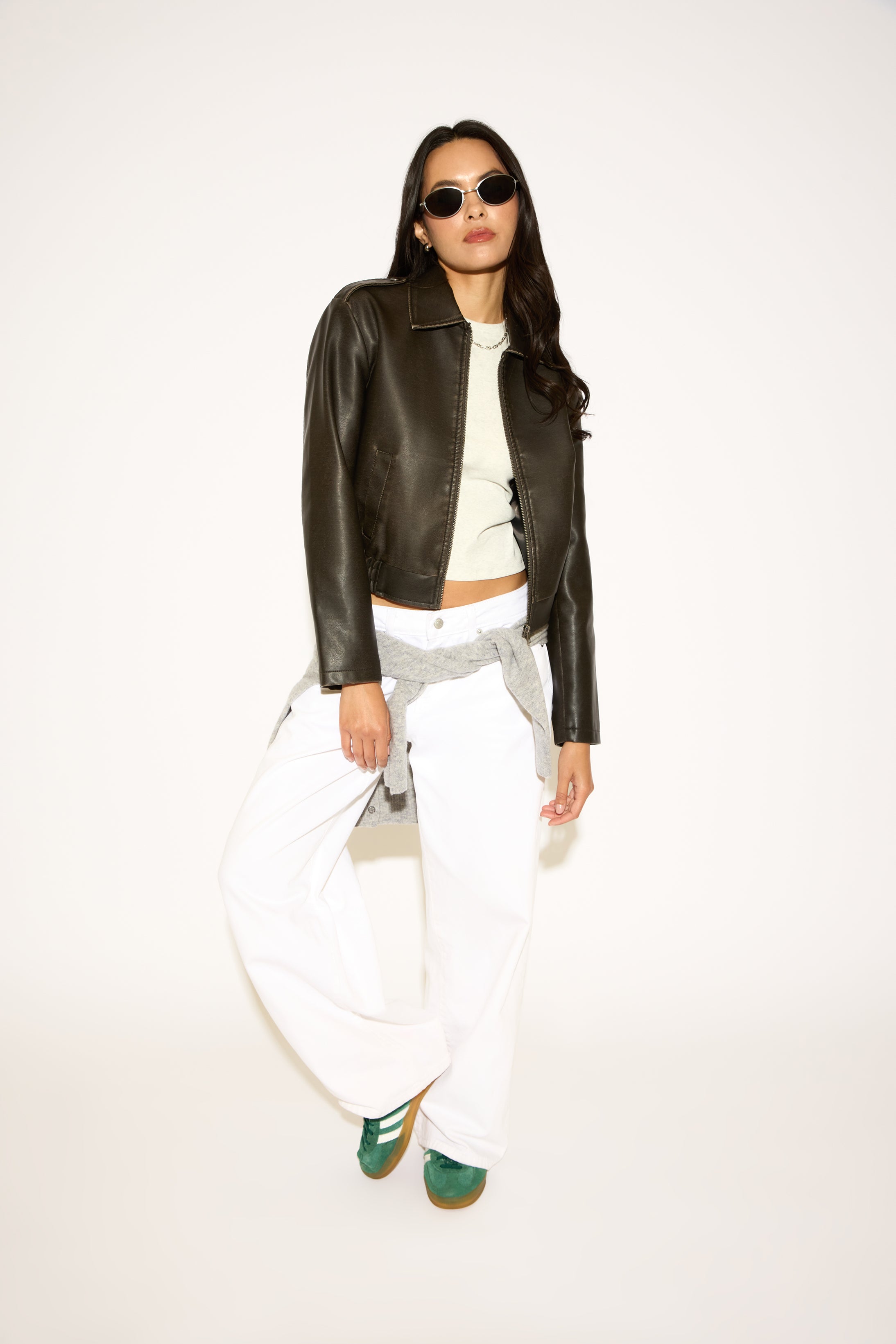 WASH EFFECT VEGAN LEATHER ZIP UP JACKET