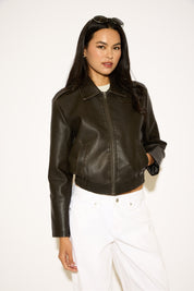 WASH EFFECT VEGAN LEATHER ZIP UP JACKET