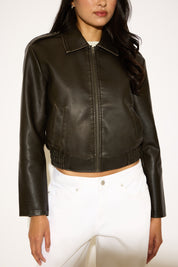 WASH EFFECT VEGAN LEATHER ZIP UP JACKET
