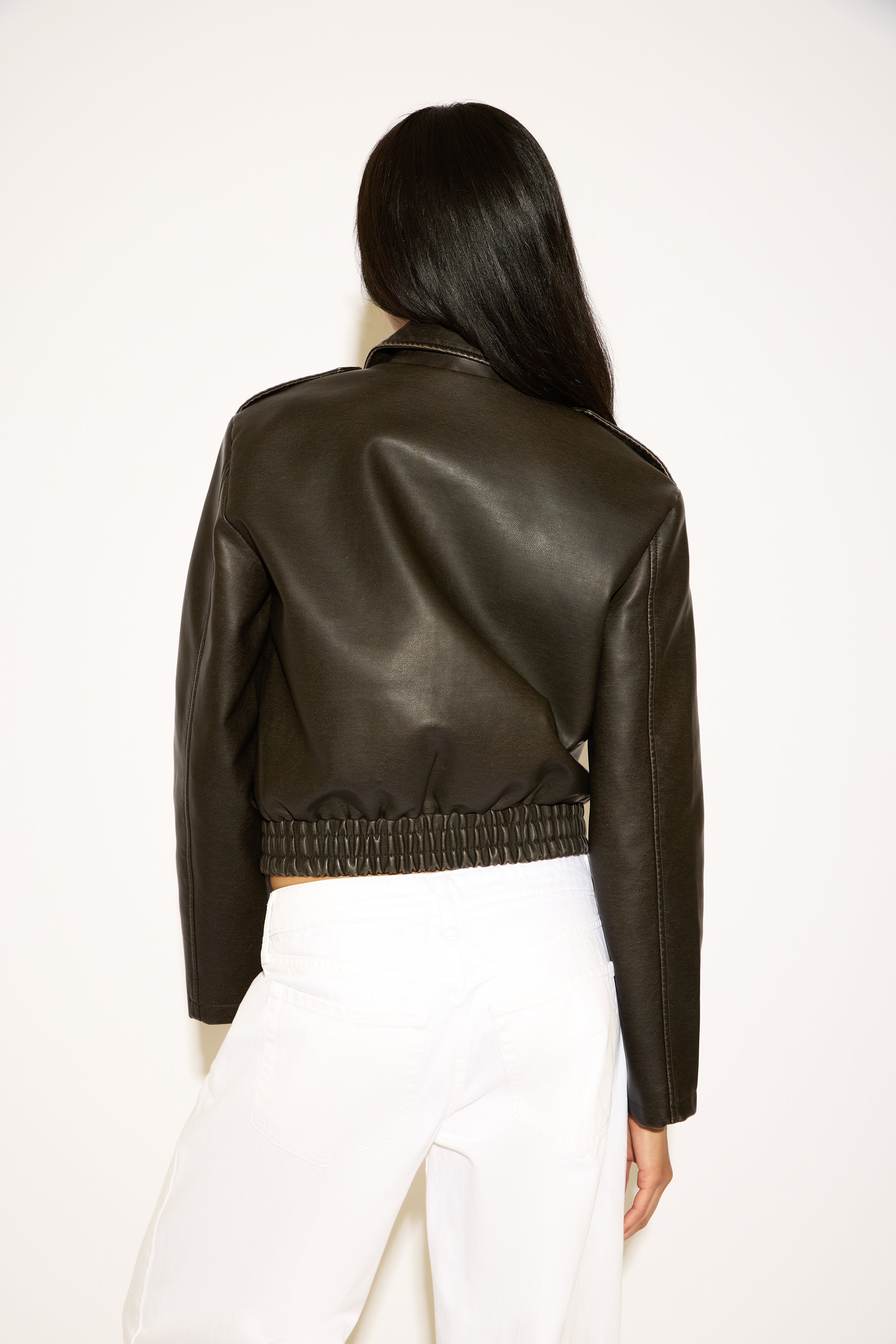 WASH EFFECT VEGAN LEATHER ZIP UP JACKET