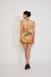 O-RING DETAIL WATERCOLOR PRINT SIDE CUTOUT MINI DRESS