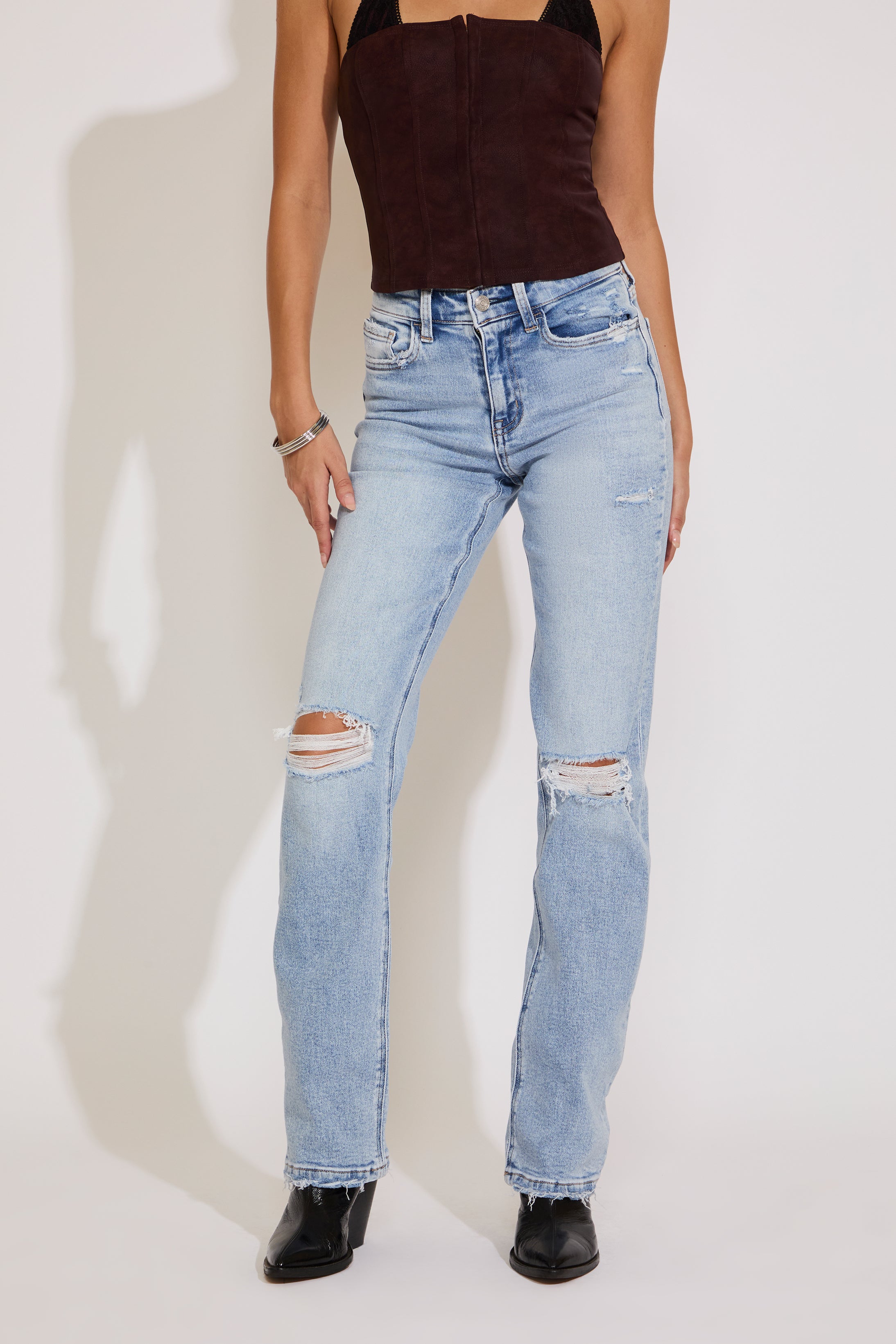 HIGH RISE DISTRESSED STRAIGHT LEG DENIM PANT