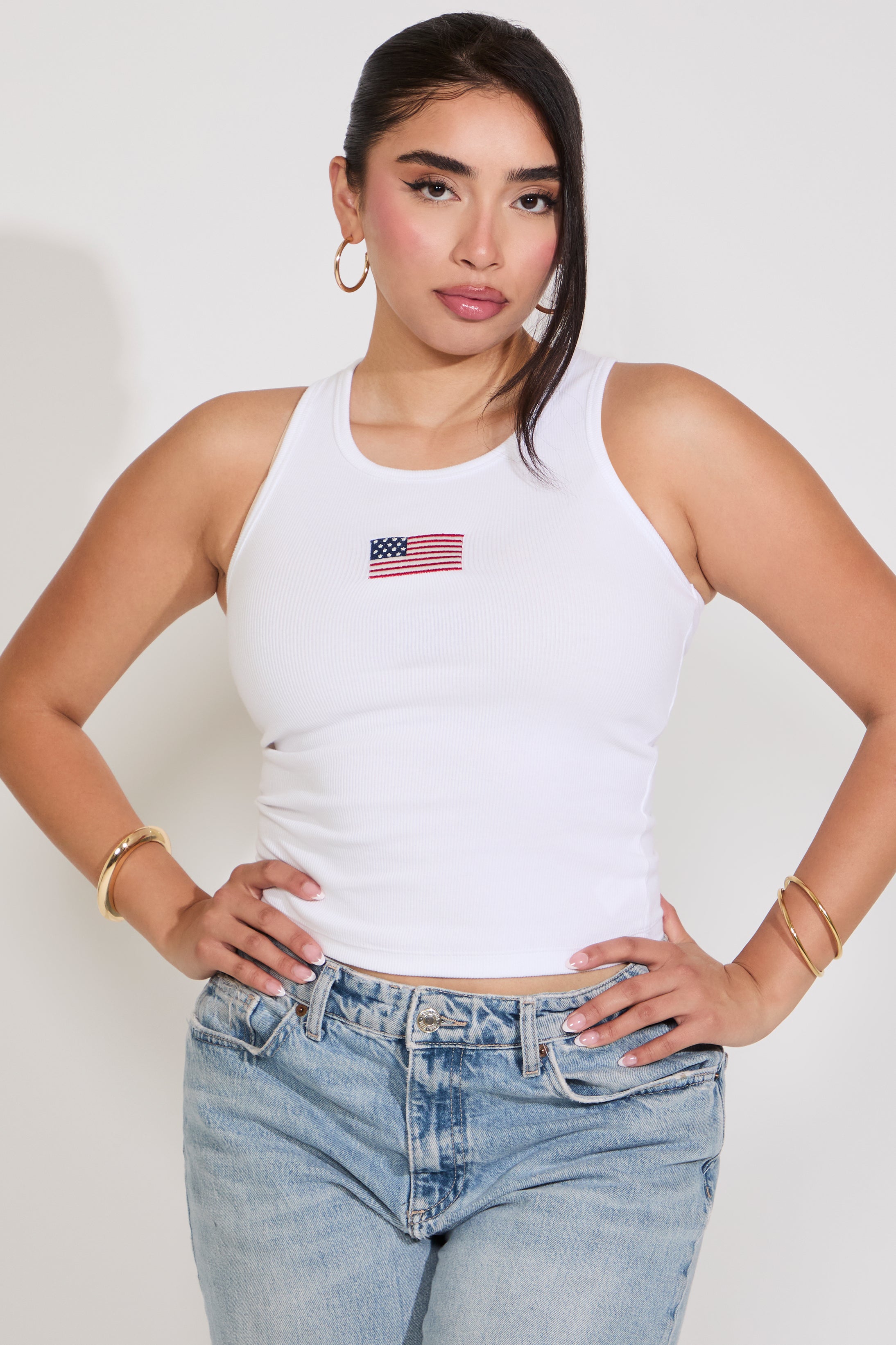 EMBROIDERED AMERICAN FLAG RIB KNIT TANK TOP