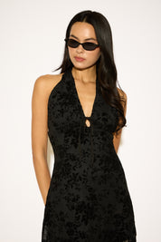 FLORAL FLOCKING OVERLAY HALTER NECK MINI DRESS