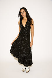 ASYMMETRICAL HEM POLKA DOT MIDI DRESS
