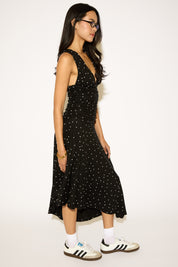 ASYMMETRICAL HEM POLKA DOT MIDI DRESS