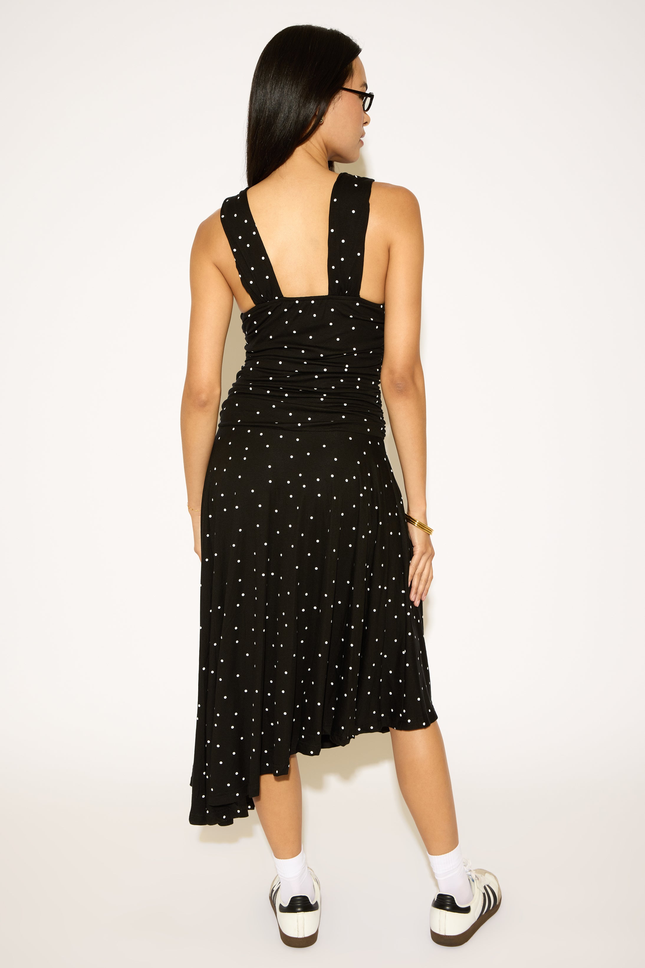 ASYMMETRICAL HEM POLKA DOT MIDI DRESS