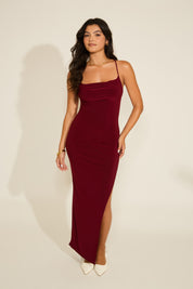 SLEEVELESS HALTER BACKLESS TIE BACK SIDE SLIT MAXI DRESS