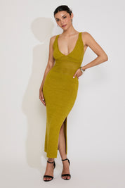 V NECK RIBBED KNIT SLEEVELESS MIDI DRESS