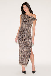 ASYMMETRIC SINGLE TWIST SHOULDER LEOPARD MAXI DRESS