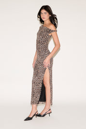 ASYMMETRIC SINGLE TWIST SHOULDER LEOPARD MAXI DRESS