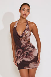 V TIE NECK LARGE FLORAL PRINT MINI DRESS