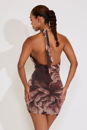 V TIE NECK LARGE FLORAL PRINT MINI DRESS