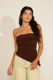 ASYMMETRIC TUBE TOP WITH LETTUCE TRIM