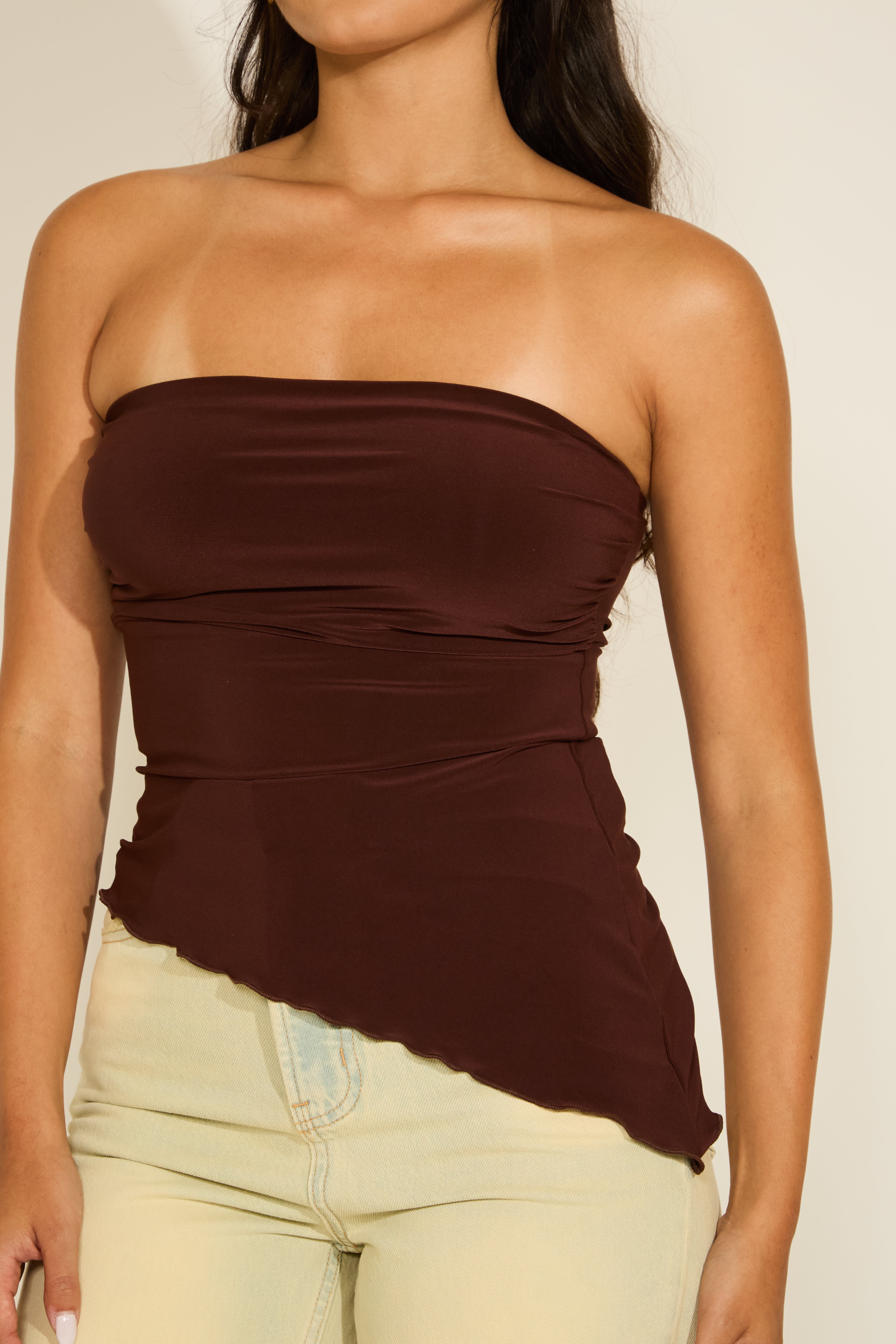 ASYMMETRIC TUBE TOP WITH LETTUCE TRIM