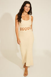 SLEEVELESS SQUARE NECK CROCHET MAXI DRESS WITH O RING WAIST CUT OUT DETAIL