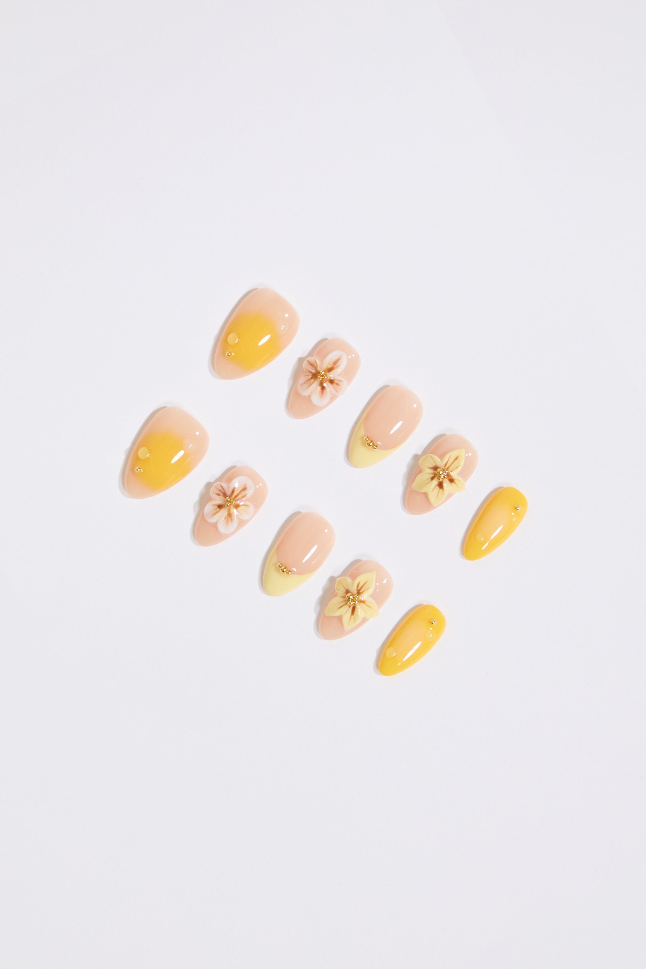YELLOW SHEER NUDE GRADIENT FLORAL PRESS ON NAILS on a white background.