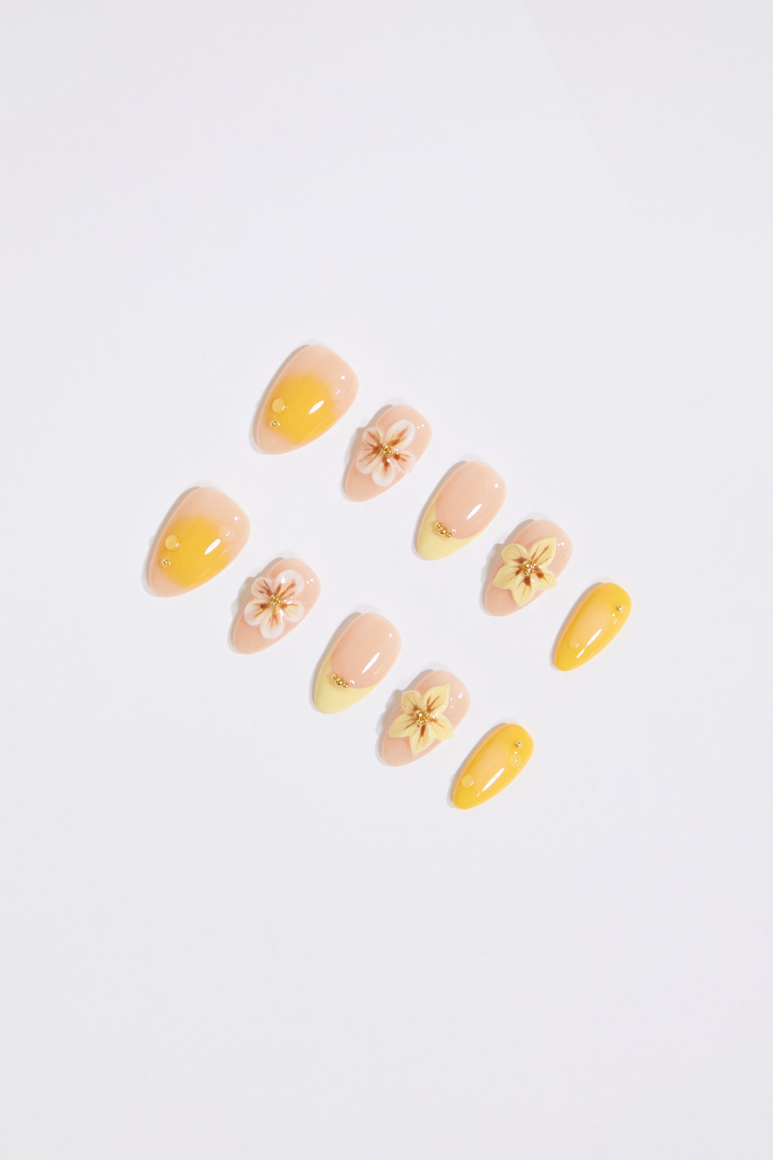 YELLOW SHEER NUDE GRADIENT FLORAL PRESS ON NAILS on a white background.