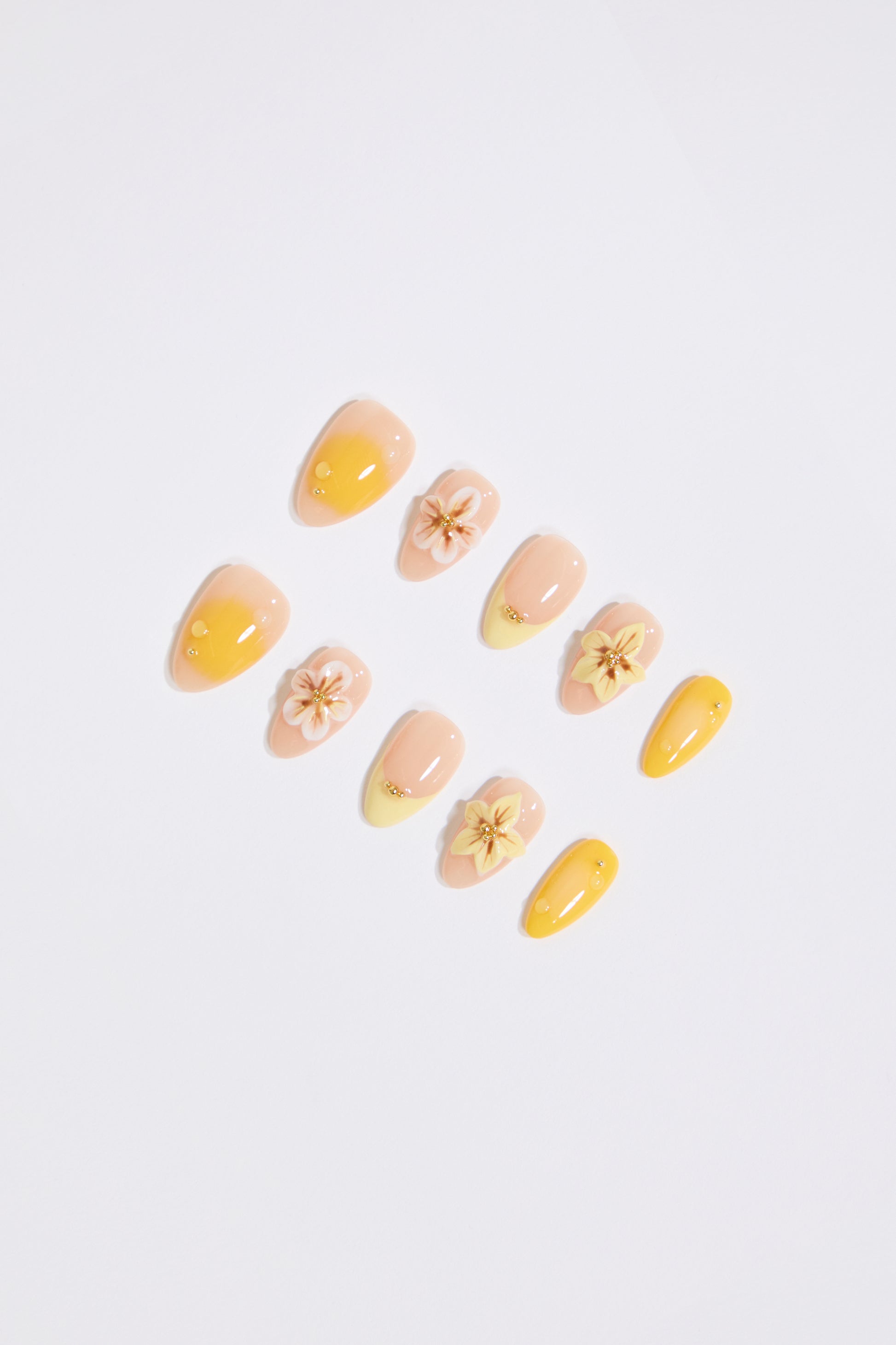 YELLOW SHEER NUDE GRADIENT FLORAL PRESS ON NAILS on a white background.