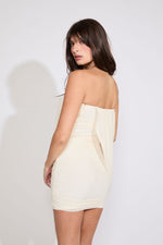 STRAPLESS DRAPED MESH COWL MINI DRESS