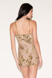 BRUSHED VELVET FLORAL SPAGHETTI STRAP MESH MINI DRESS